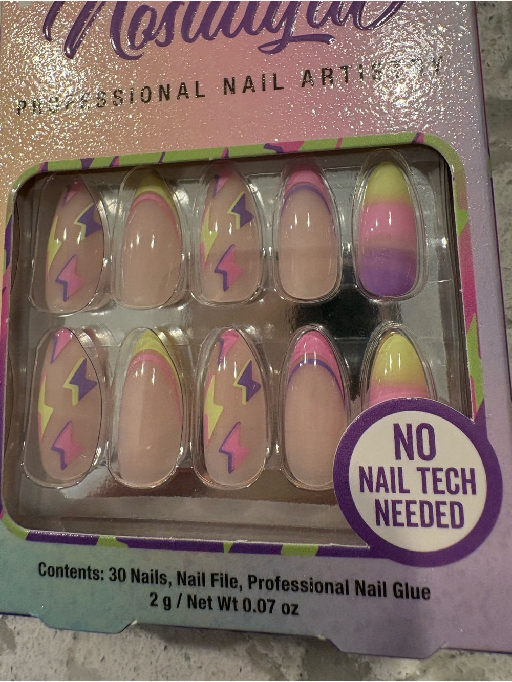 Nostalgia Multicolor Lightning French Tip Press-On Nails - Pink, Purple, Yellow